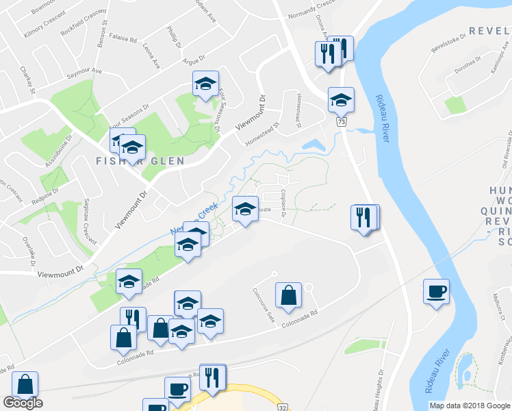 map of restaurants, bars, coffee shops, grocery stores, and more near 355 Citiplace Drive in Ottawa