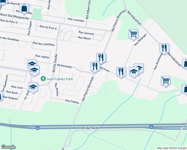 map of restaurants, bars, coffee shops, grocery stores, and more near Boulevard Pierre Boursier in Châteauguay