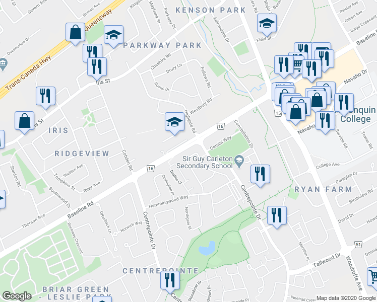 map of restaurants, bars, coffee shops, grocery stores, and more near 121 Thornbury Crescent in Ottawa