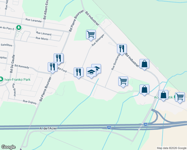 map of restaurants, bars, coffee shops, grocery stores, and more near 820 Boulevard Ford in Châteauguay
