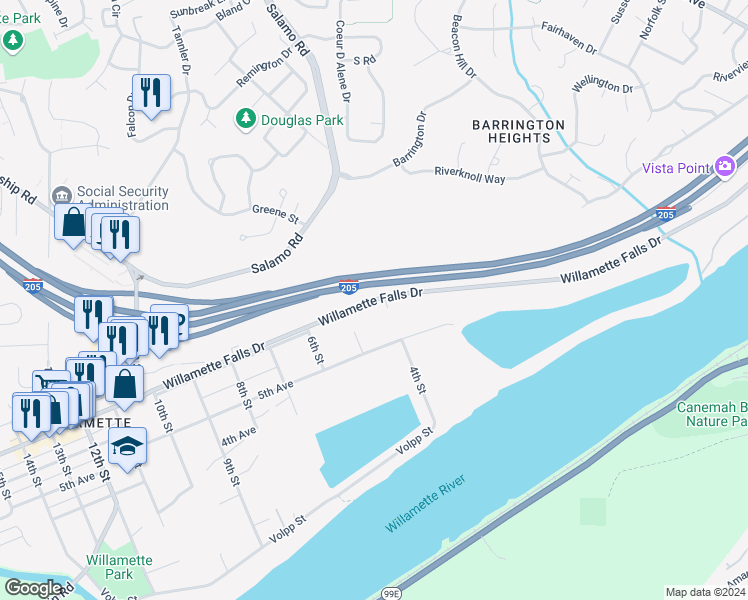 map of restaurants, bars, coffee shops, grocery stores, and more near Willamette Falls Drive in West Linn