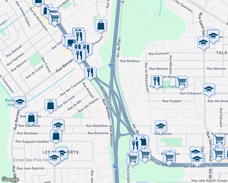 map of restaurants, bars, coffee shops, grocery stores, and more near Boulevard Saint-Luc in Saint-Jean-sur-Richelieu