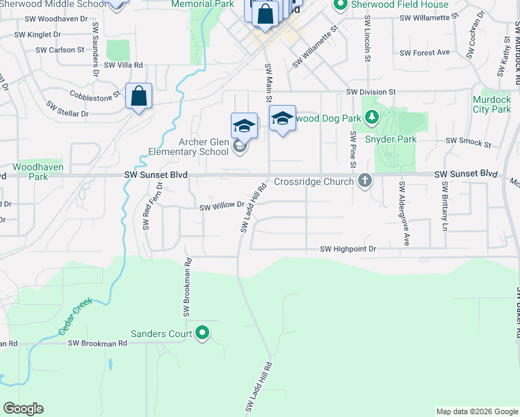 map of restaurants, bars, coffee shops, grocery stores, and more near 16060 Southwest Willow Drive in Sherwood