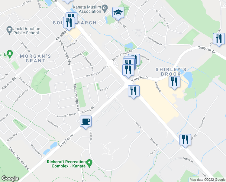 map of restaurants, bars, coffee shops, grocery stores, and more near 108 Acklam Terrace in Ottawa