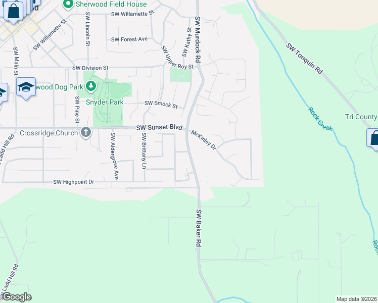 map of restaurants, bars, coffee shops, grocery stores, and more near Southwest Baker Road in Sherwood