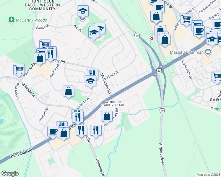 map of restaurants, bars, coffee shops, grocery stores, and more near in Ottawa