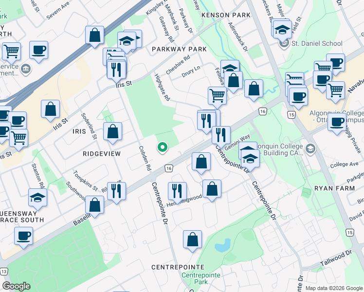 map of restaurants, bars, coffee shops, grocery stores, and more near 2204 Regency Terrace in Ottawa