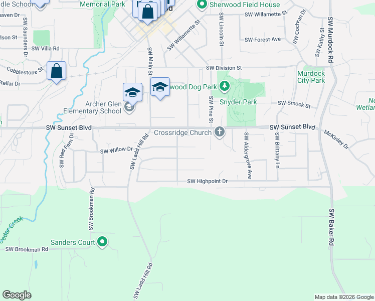 map of restaurants, bars, coffee shops, grocery stores, and more near 15685 Southwest Bowmen Court in Sherwood
