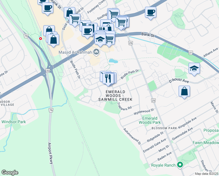 map of restaurants, bars, coffee shops, grocery stores, and more near 4000 Bridle Path Drive in Ottawa