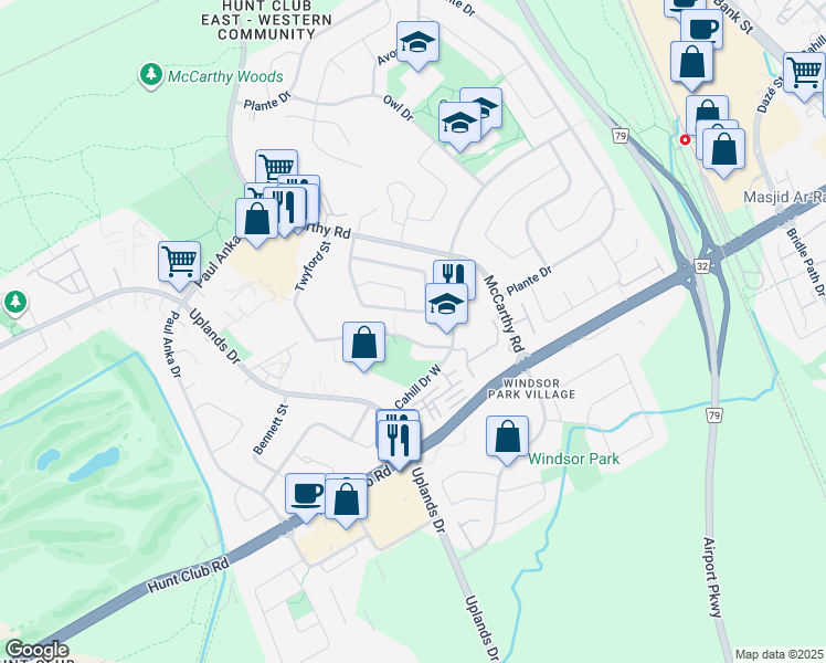 map of restaurants, bars, coffee shops, grocery stores, and more near 209 Twyford Street in Ottawa