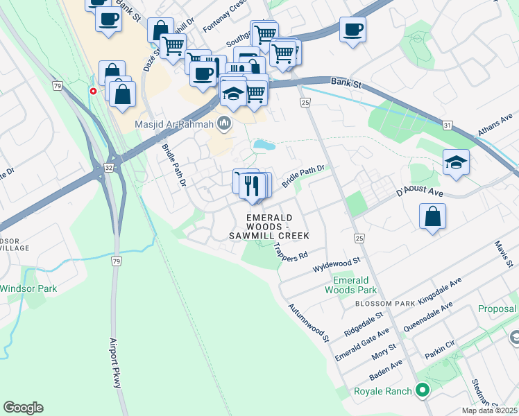 map of restaurants, bars, coffee shops, grocery stores, and more near 4000 Bridle Path Drive in Ottawa