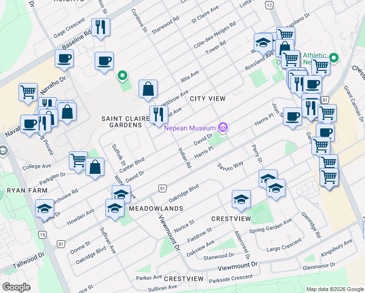 map of restaurants, bars, coffee shops, grocery stores, and more near 65 David Drive in Ottawa