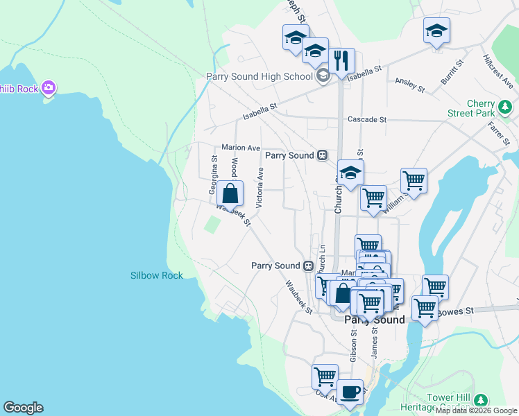 map of restaurants, bars, coffee shops, grocery stores, and more near 3 Victoria Avenue in Parry Sound
