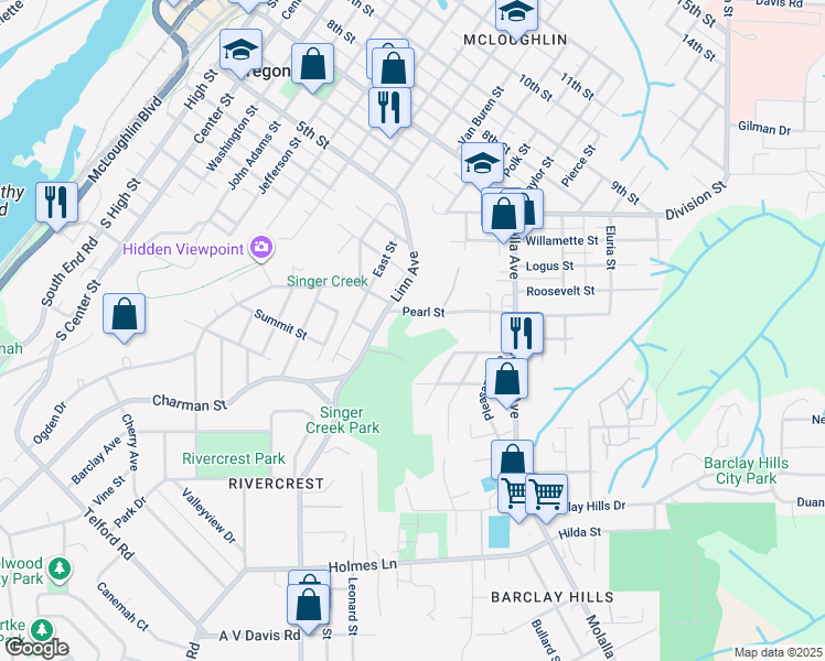 map of restaurants, bars, coffee shops, grocery stores, and more near 202 Pearl Street in Oregon City