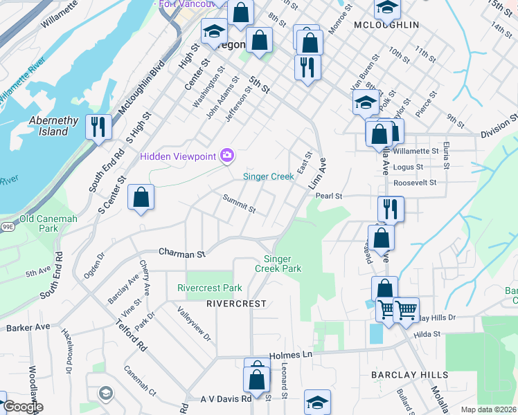 map of restaurants, bars, coffee shops, grocery stores, and more near 130 Terrace Avenue in Oregon City