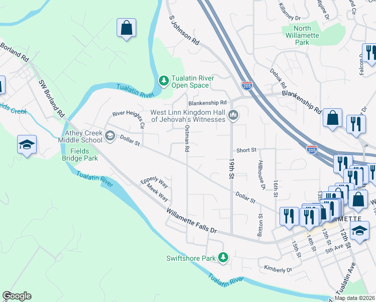 map of restaurants, bars, coffee shops, grocery stores, and more near 2032 Ostman Road in West Linn