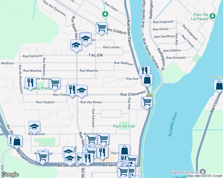 map of restaurants, bars, coffee shops, grocery stores, and more near 21 Rue Francine in Saint-Jean-sur-Richelieu