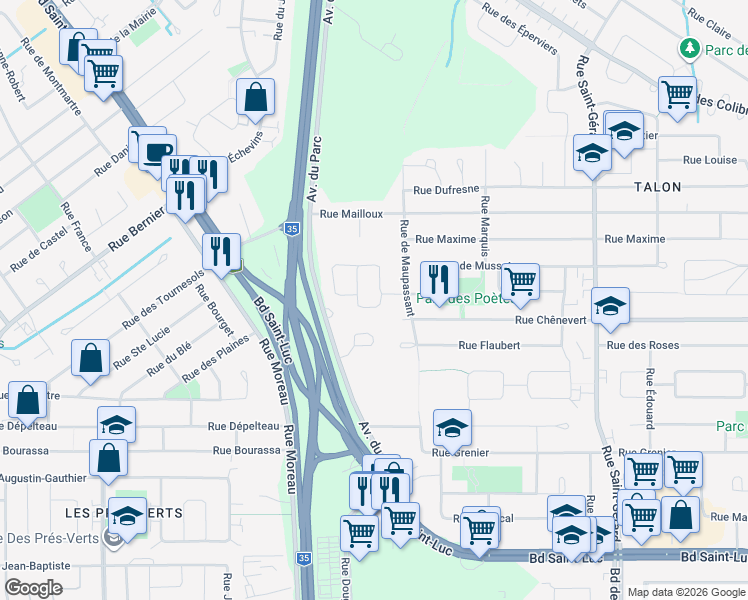 map of restaurants, bars, coffee shops, grocery stores, and more near 120 Rue Voltaire in Saint-Jean-sur-Richelieu