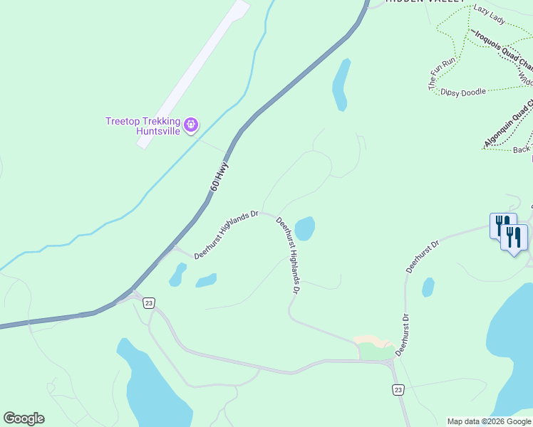map of restaurants, bars, coffee shops, grocery stores, and more near Deerhurst Highlands Drive in Huntsville