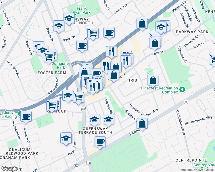 map of restaurants, bars, coffee shops, grocery stores, and more near 9289 Iris Street in Ottawa