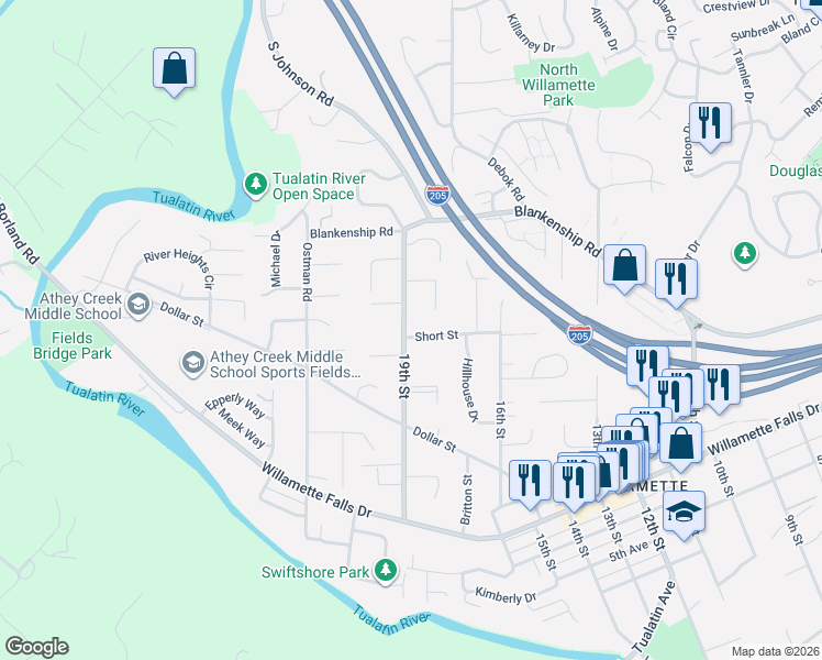 map of restaurants, bars, coffee shops, grocery stores, and more near 2019 19th Street in West Linn