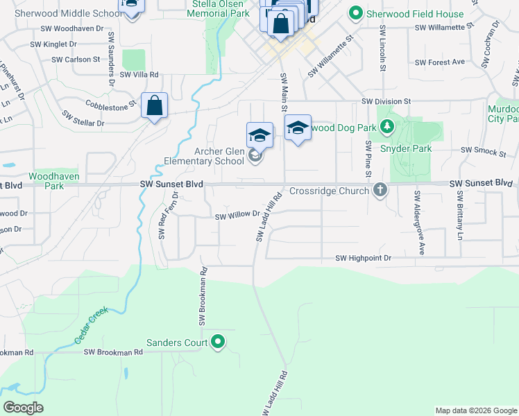 map of restaurants, bars, coffee shops, grocery stores, and more near 16001 Southwest Bowmen Lane in Sherwood