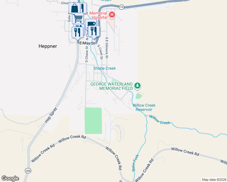 map of restaurants, bars, coffee shops, grocery stores, and more near 615 Cowins Street in Heppner