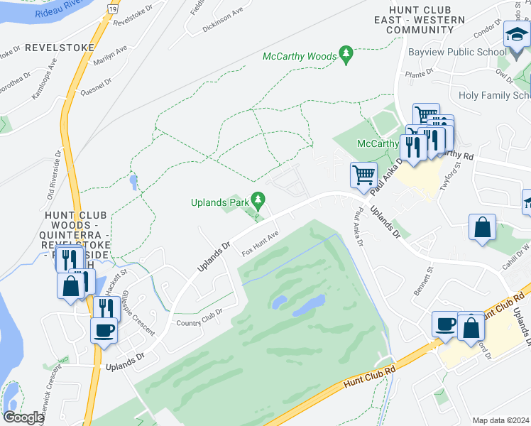 map of restaurants, bars, coffee shops, grocery stores, and more near 8 Rhapsody Lane in Ottawa