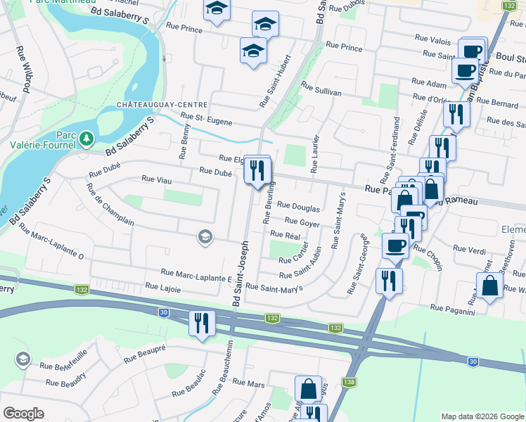 map of restaurants, bars, coffee shops, grocery stores, and more near 150 Rue Beurling in Châteauguay