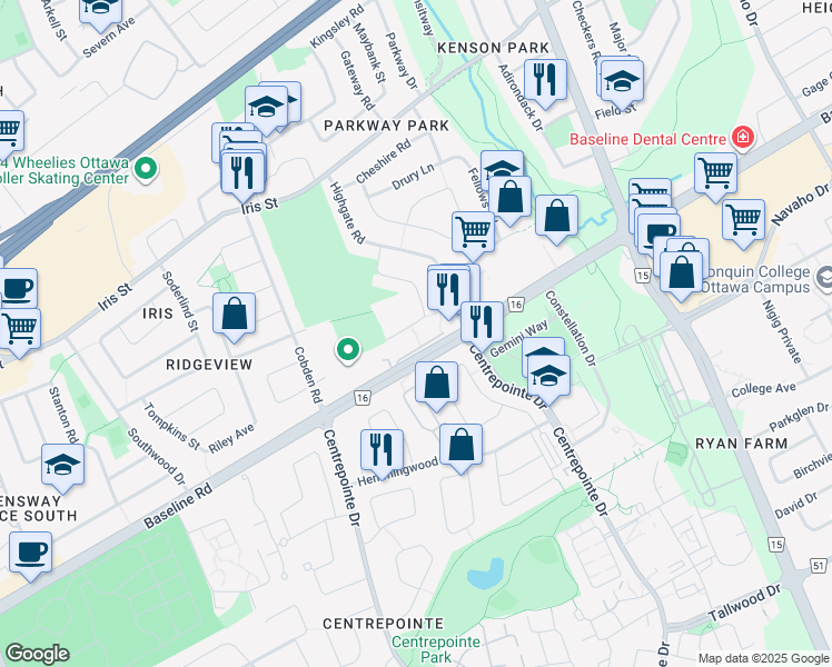 map of restaurants, bars, coffee shops, grocery stores, and more near 2182 Regency Terrace in Ottawa