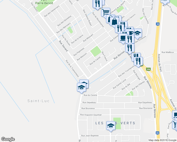 map of restaurants, bars, coffee shops, grocery stores, and more near 68 Rue du Château in Saint-Jean-sur-Richelieu