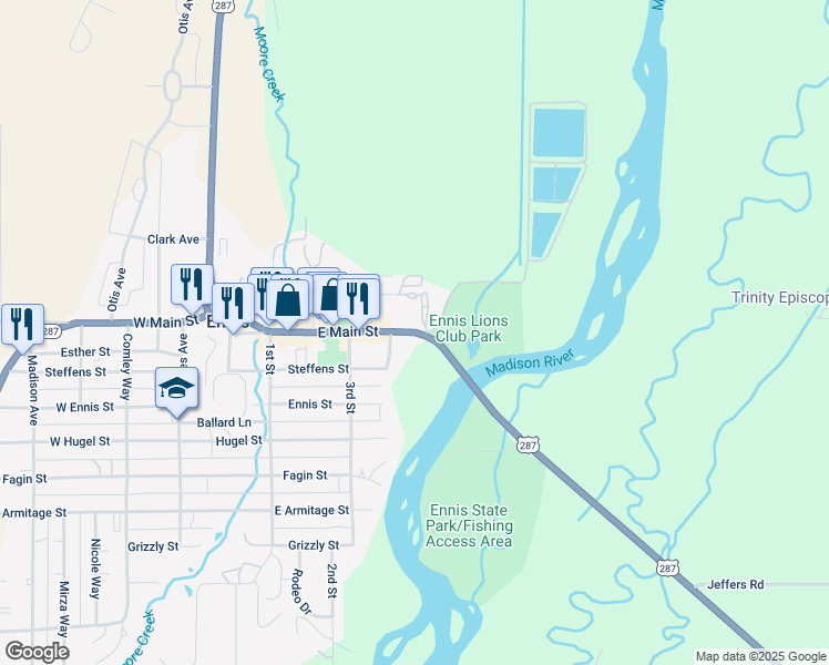 map of restaurants, bars, coffee shops, grocery stores, and more near Highway 287 in Ennis