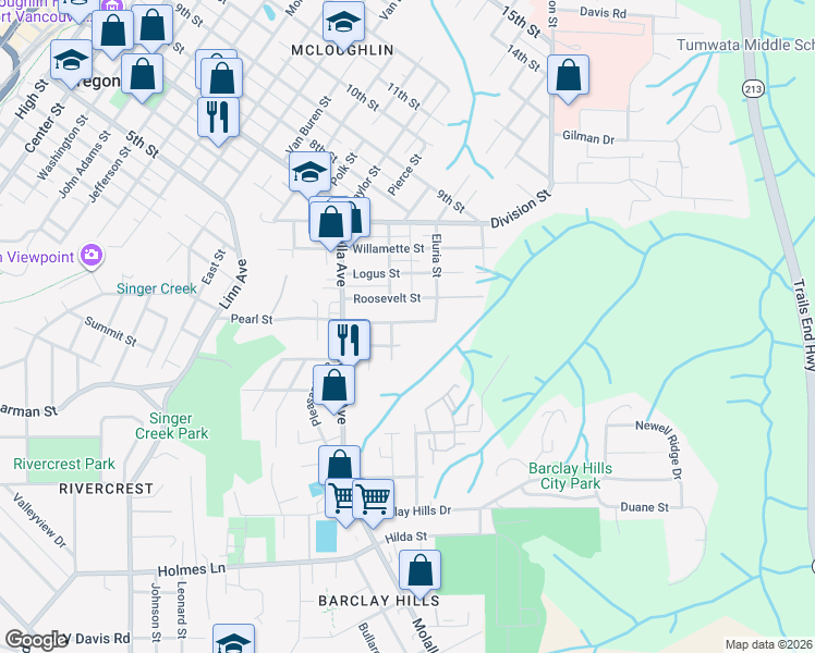 map of restaurants, bars, coffee shops, grocery stores, and more near 526 Roosevelt Street in Oregon City