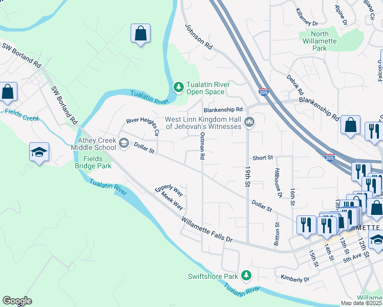 map of restaurants, bars, coffee shops, grocery stores, and more near 2205 Michael Drive in West Linn