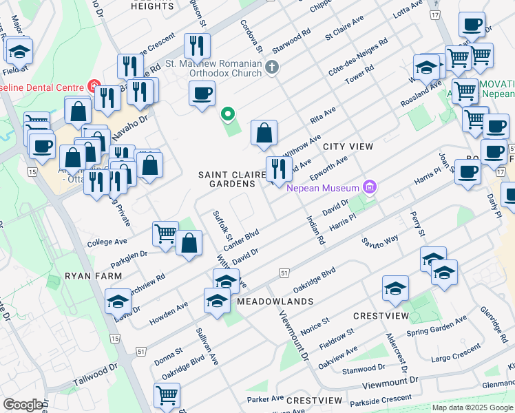 map of restaurants, bars, coffee shops, grocery stores, and more near 44 Elmbank Crescent in Ottawa