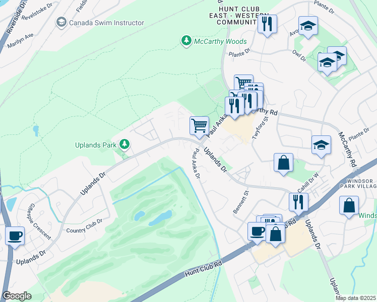 map of restaurants, bars, coffee shops, grocery stores, and more near 3400 Paul Anka Drive in Ottawa
