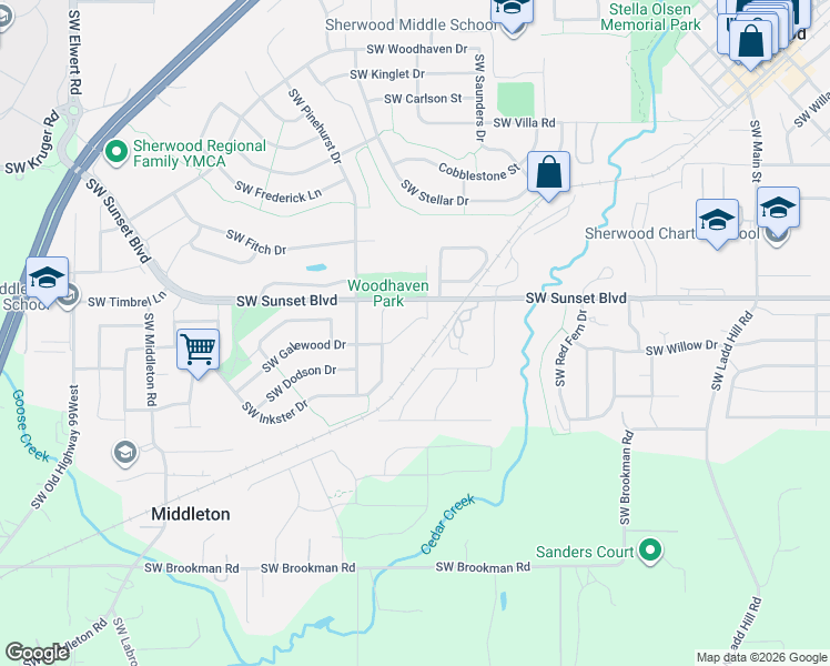 map of restaurants, bars, coffee shops, grocery stores, and more near 17318 Southwest Galewood Drive in Sherwood