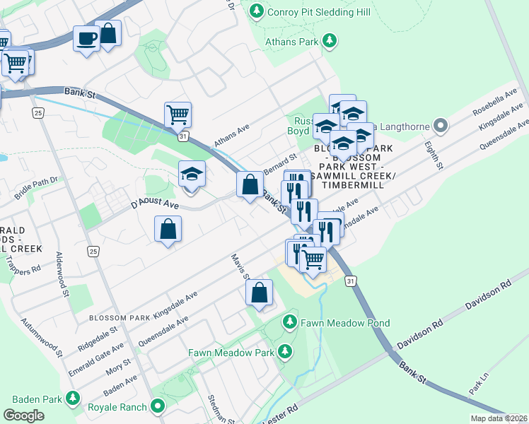 map of restaurants, bars, coffee shops, grocery stores, and more near 3152 Quail Drive in Ottawa