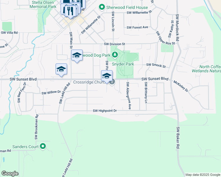 map of restaurants, bars, coffee shops, grocery stores, and more near 23550 Southwest Pine Street in Sherwood