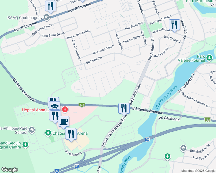 map of restaurants, bars, coffee shops, grocery stores, and more near 106 Rue Jules-Dumouchel in Châteauguay
