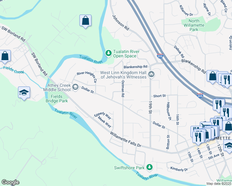 map of restaurants, bars, coffee shops, grocery stores, and more near 2205 Michael Drive in West Linn
