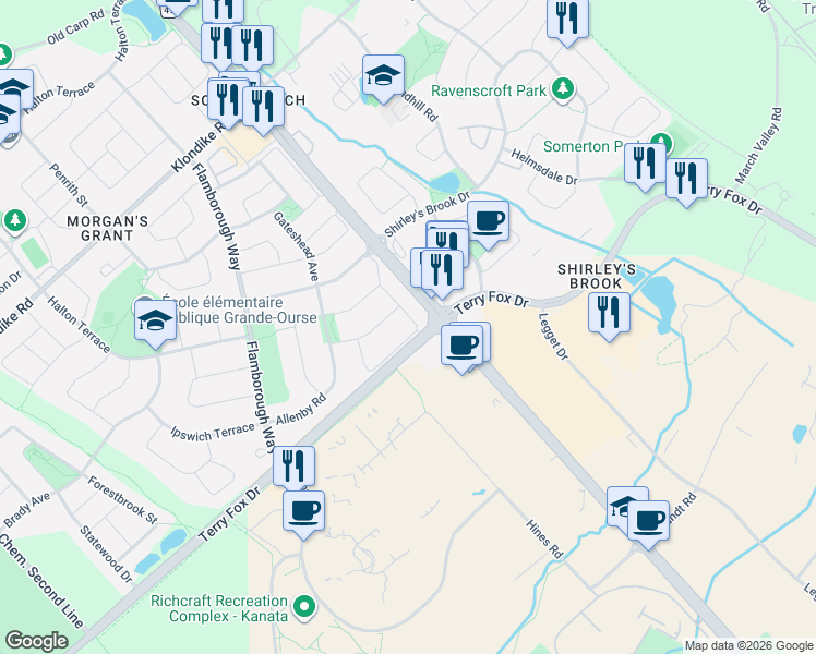 map of restaurants, bars, coffee shops, grocery stores, and more near 90 Acklam Terrace in Ottawa