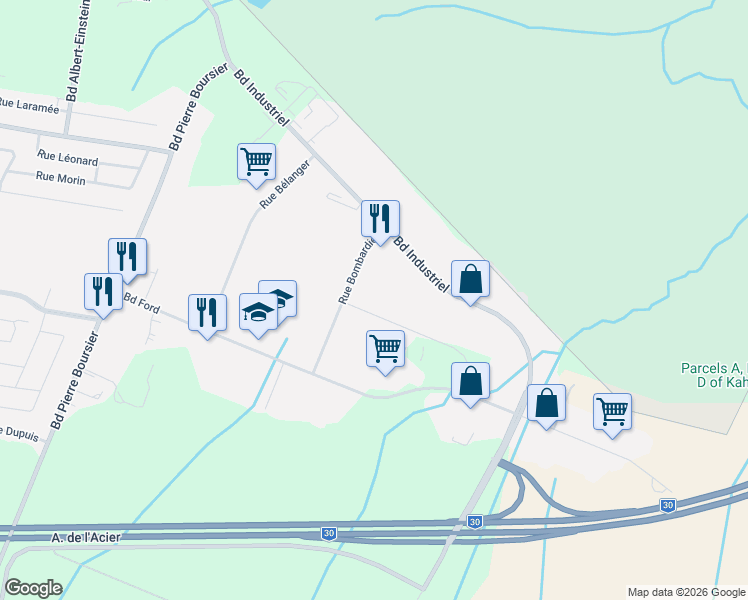map of restaurants, bars, coffee shops, grocery stores, and more near 1100 Rue des Cascades in Châteauguay