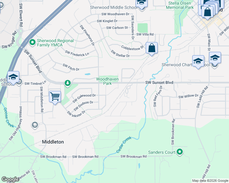 map of restaurants, bars, coffee shops, grocery stores, and more near 17318 Southwest Galewood Drive in Sherwood