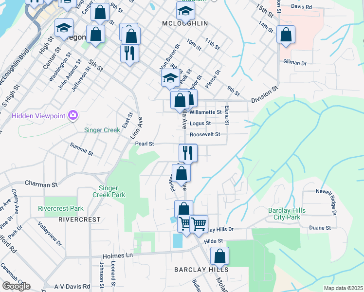 map of restaurants, bars, coffee shops, grocery stores, and more near 211 Molalla Avenue in Oregon City