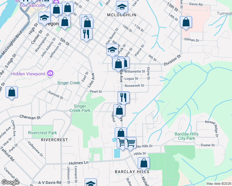map of restaurants, bars, coffee shops, grocery stores, and more near 326 Pearl Street in Oregon City