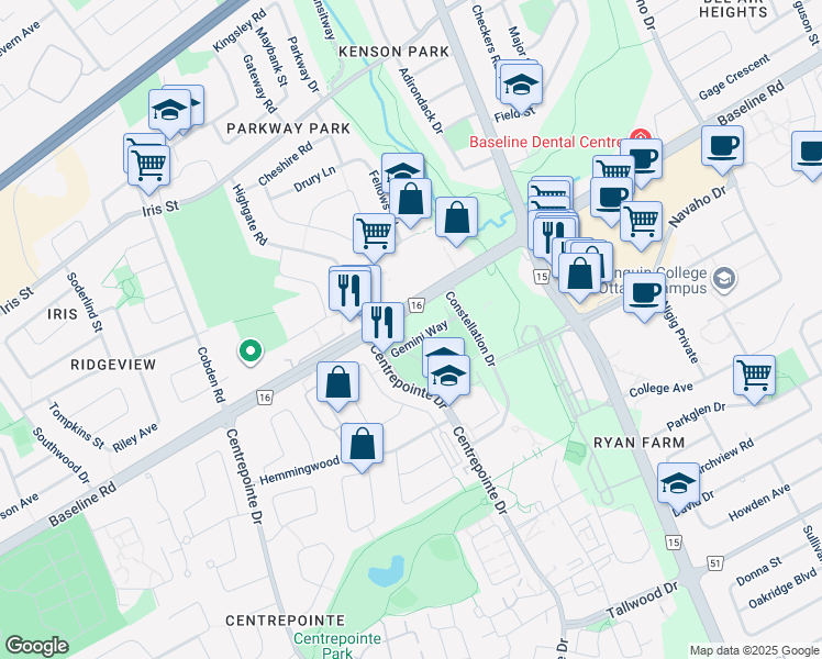 map of restaurants, bars, coffee shops, grocery stores, and more near 2109 Ottawa Regional Road 16 in Ottawa