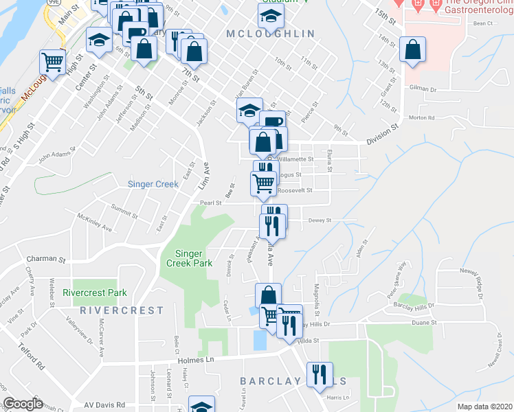 map of restaurants, bars, coffee shops, grocery stores, and more near 208 Myrtle Street in Oregon City