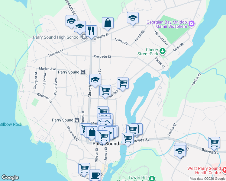 map of restaurants, bars, coffee shops, grocery stores, and more near 18 William Street in Parry Sound