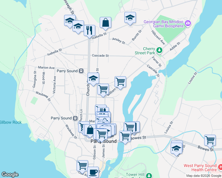 map of restaurants, bars, coffee shops, grocery stores, and more near 32 A William Street in Parry Sound